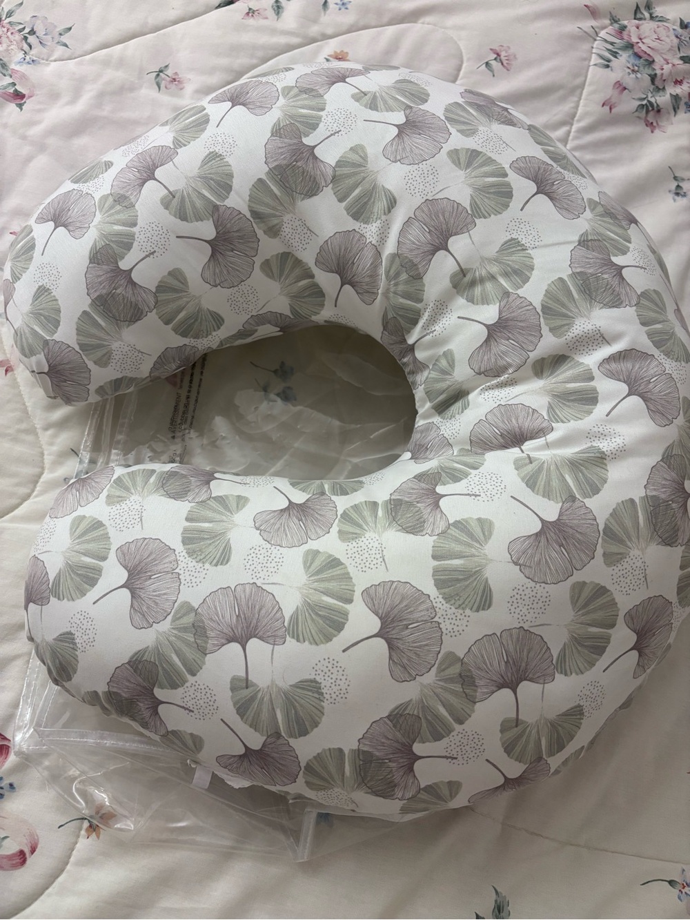 Boppy Nursing Pillow in White with Sage Green & Taupe Leaf Print